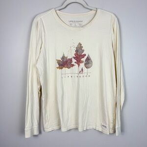 Life is Good Top Womens Large Long Sleeve Cream Trees Outdoor Brown Casual Shirt